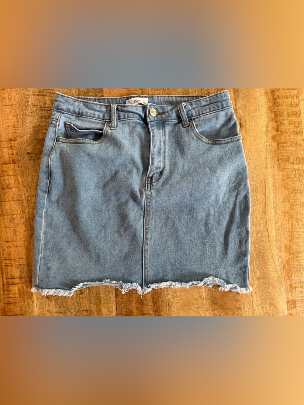Tsher Light Wash Denim Mini Skirt Raw Hem Size L High Rise Jean Skirt